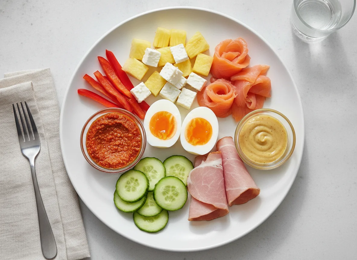 Breakfast plate with egg, ham, and fruit photo