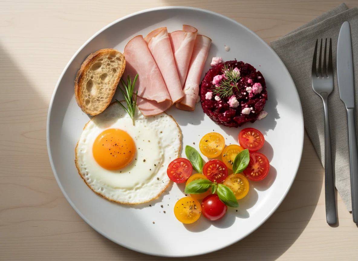 Breakfast plate with egg, ham, tomato, and beetroot salad photo