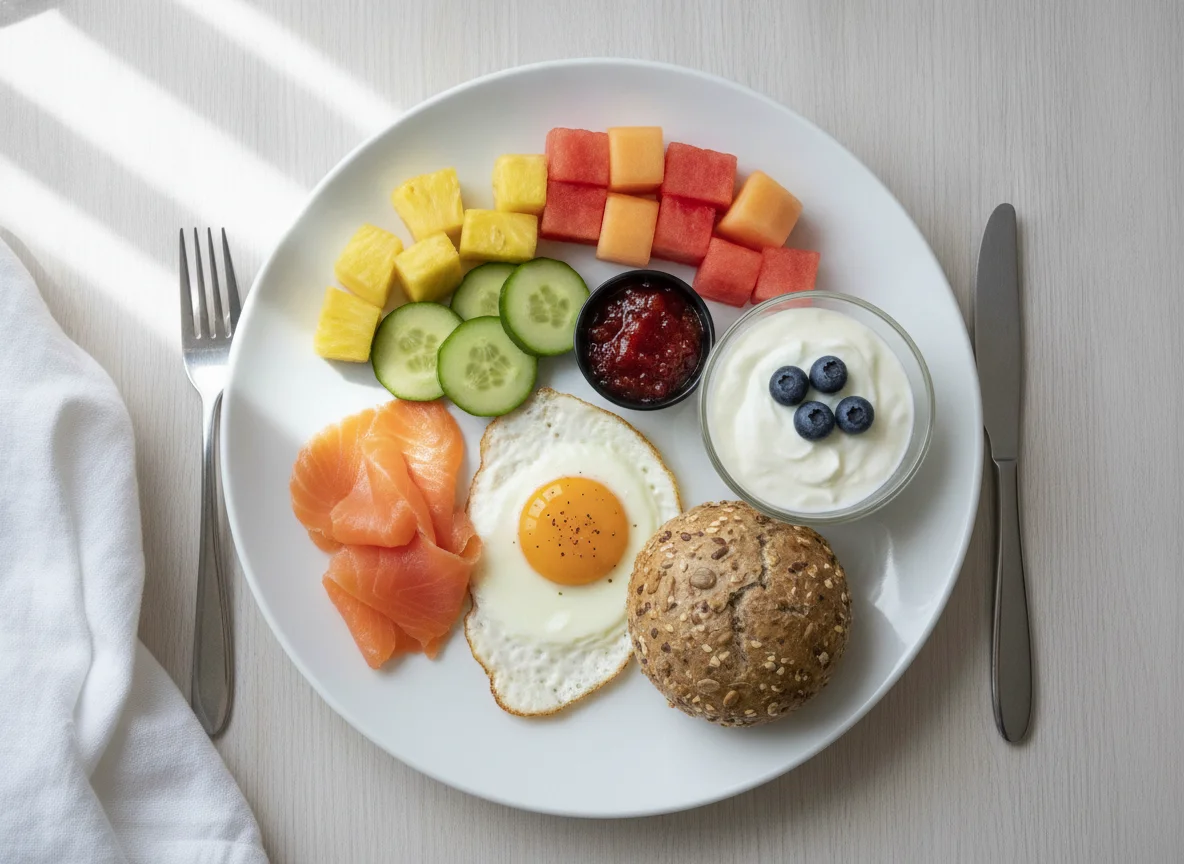 Breakfast plate with egg, salmon, and fruit photo