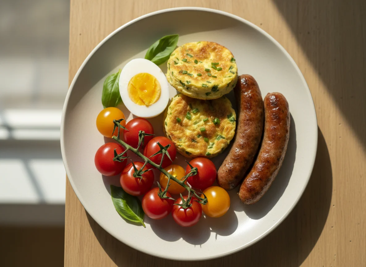 Breakfast plate with egg, sausage, and tomatoes photo