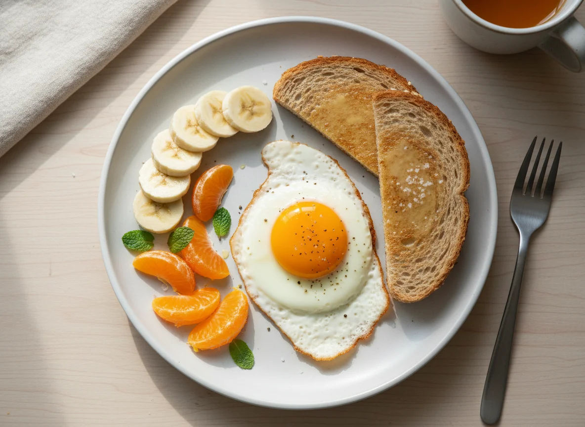 Breakfast Plate with Egg, Toast, and Fruit photo