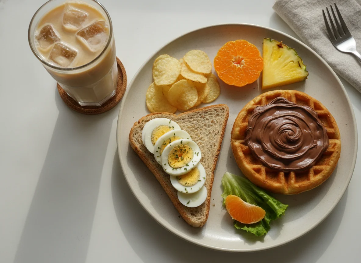 Breakfast plate with egg toast, waffle, and fruit photo