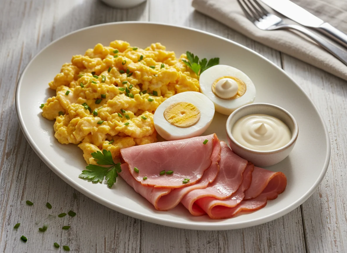Breakfast plate with eggs and ham photo