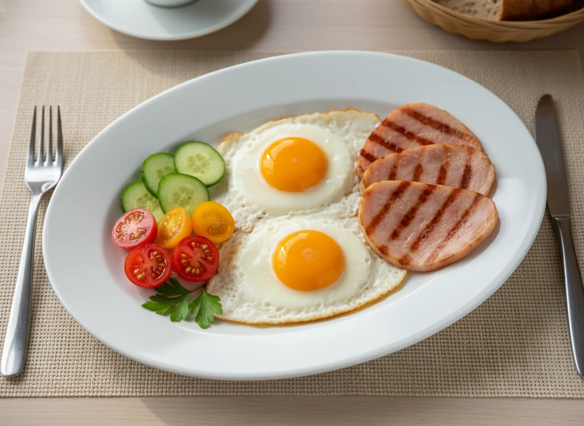 Breakfast Plate with Eggs and Turkey Ham photo