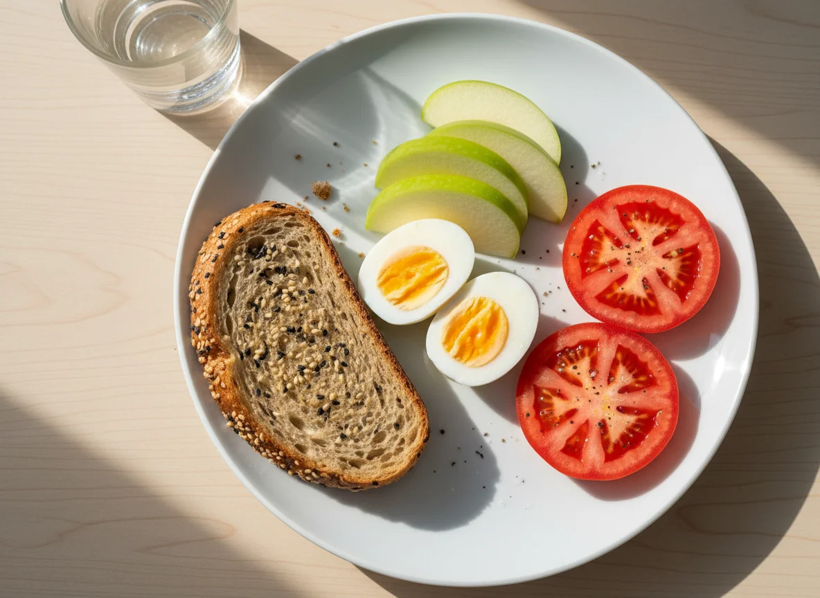 Breakfast plate with eggs, apple, tomato, and bread photo