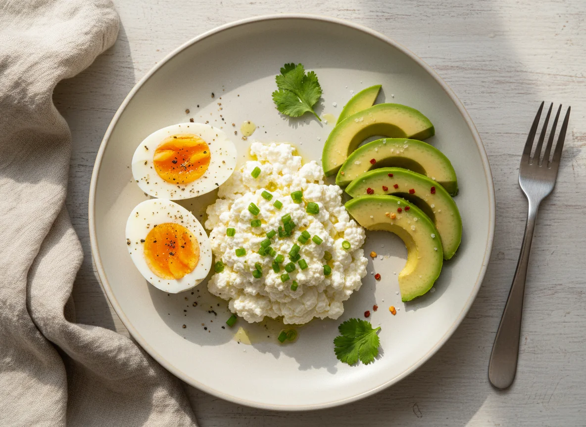 Breakfast plate with eggs, avocado, and cottage cheese photo