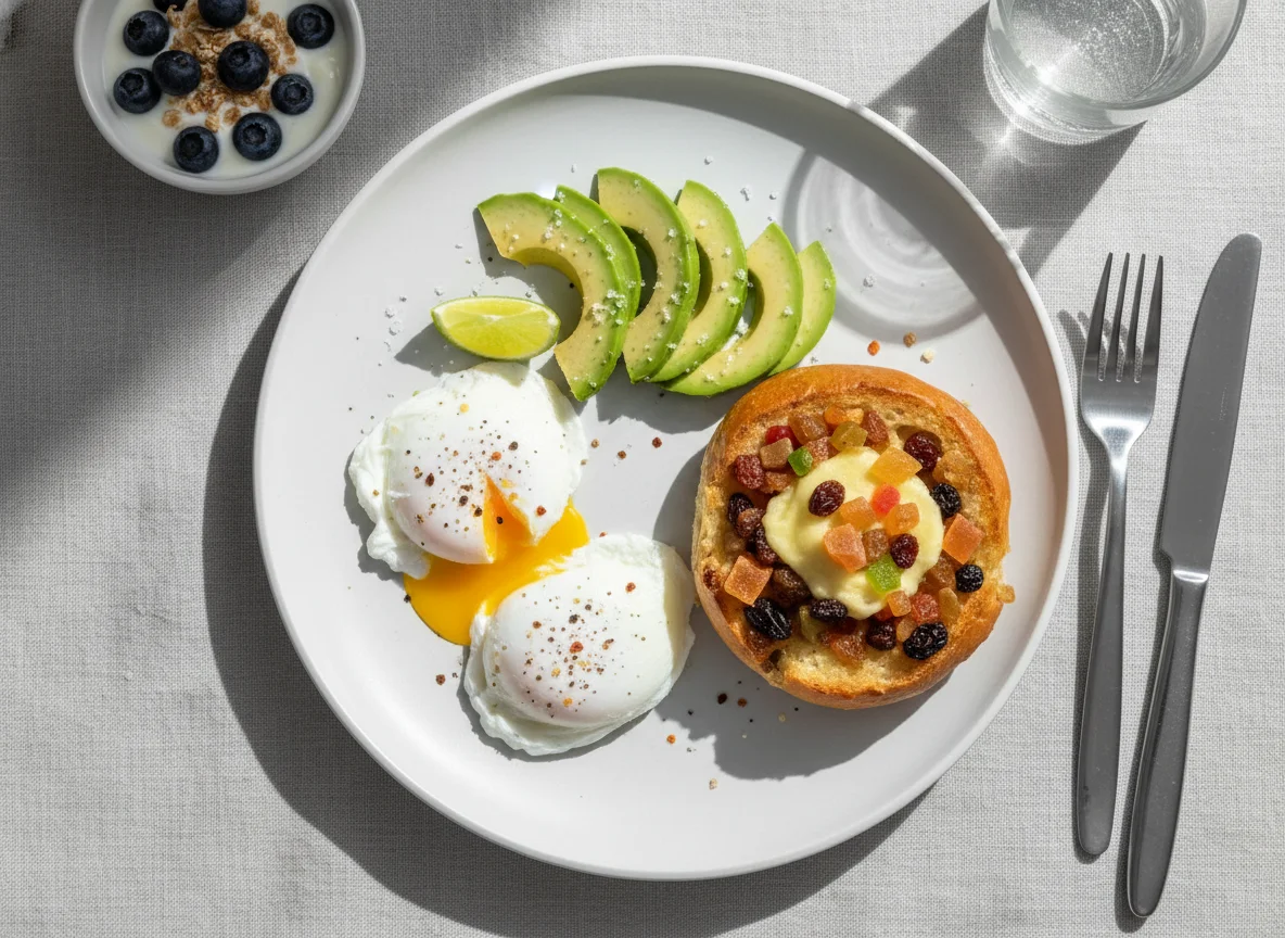 Breakfast plate with eggs, avocado, and fruit bun photo