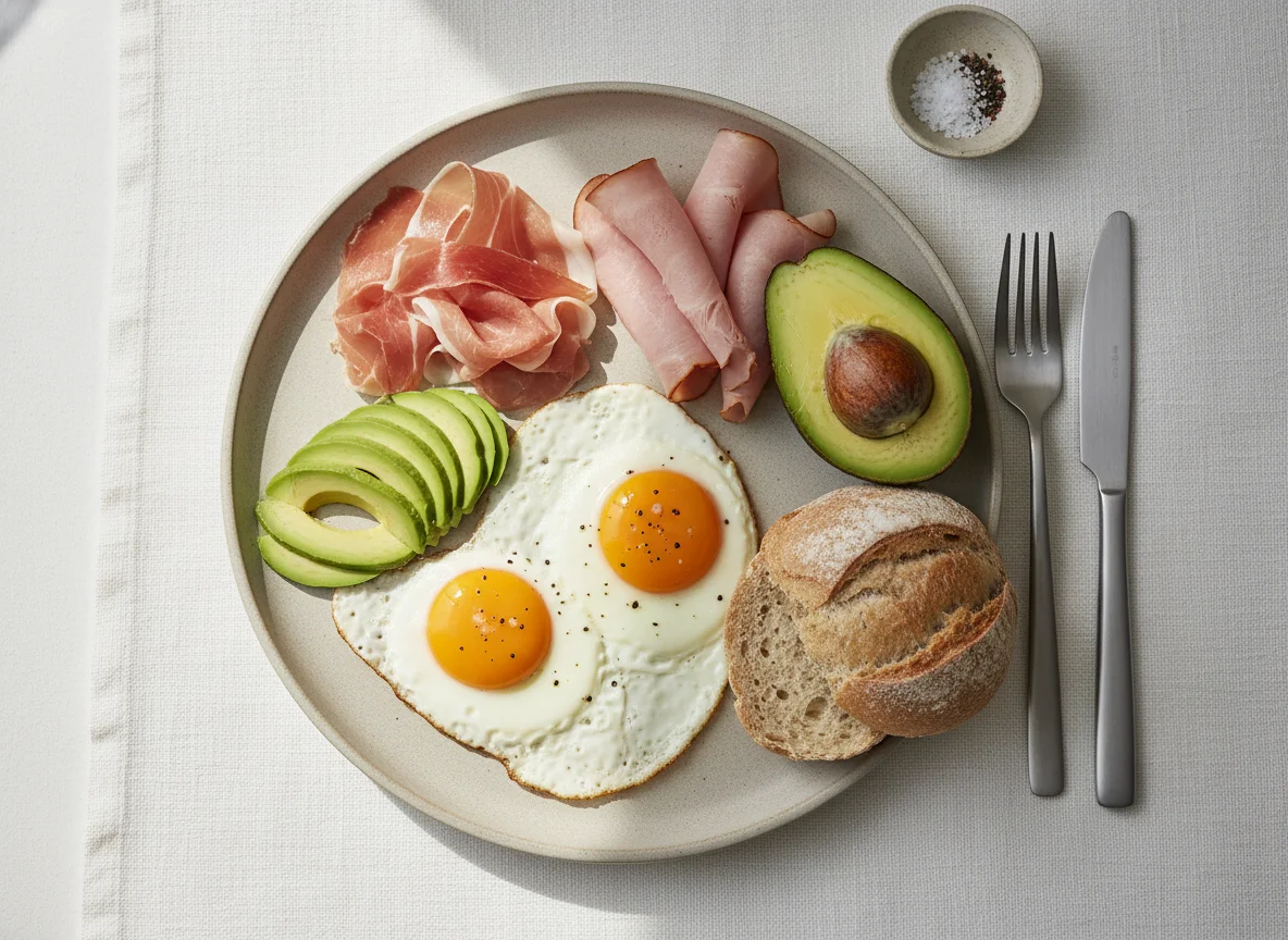 Breakfast Plate with Eggs, Avocado, and Ham photo