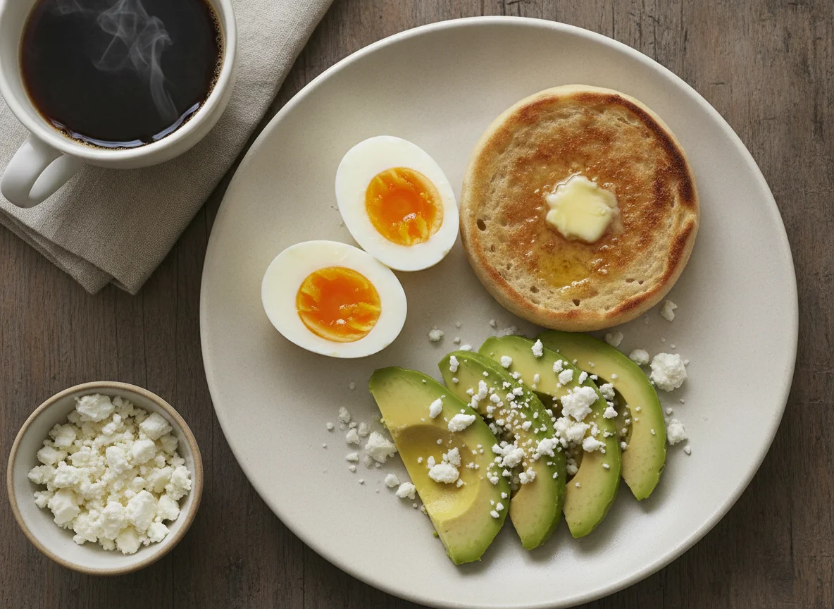 Breakfast plate with eggs, avocado, and toast photo