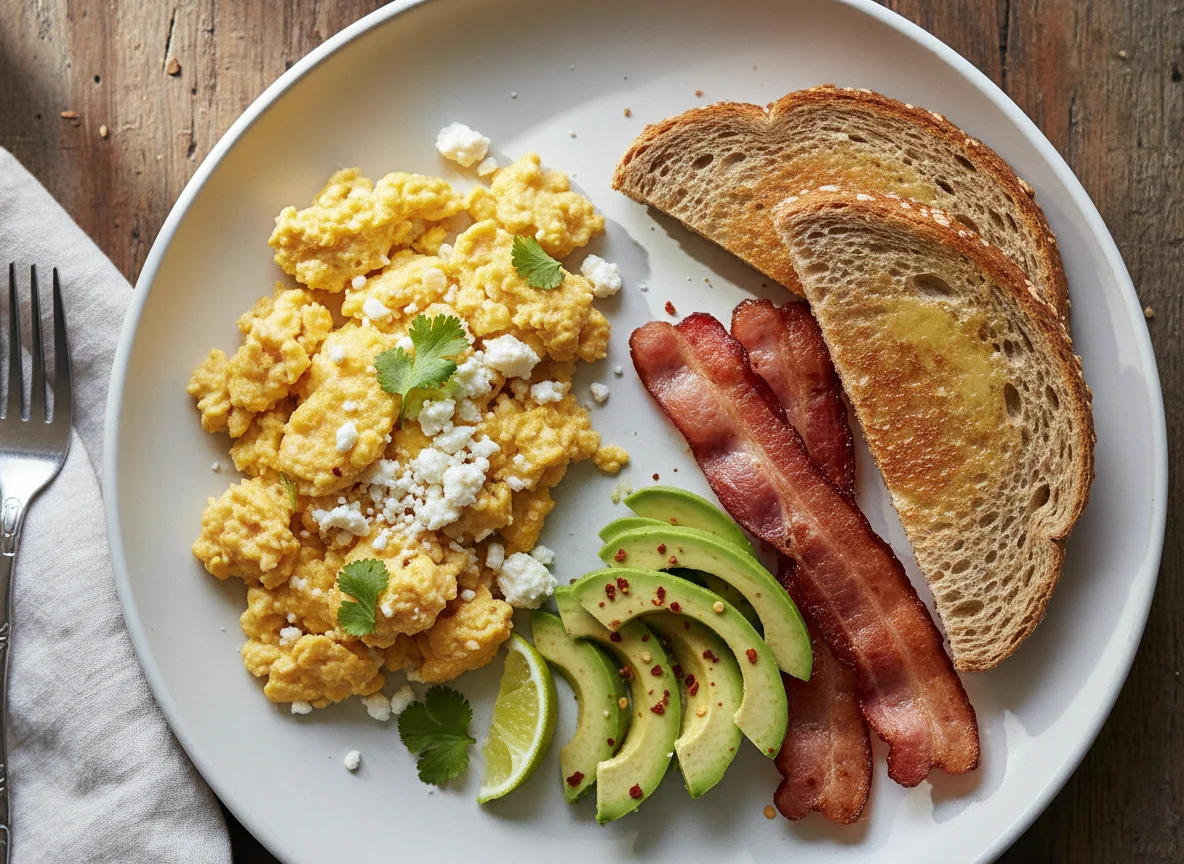 Breakfast Plate with Eggs, Avocado, Bacon, and Toast photo