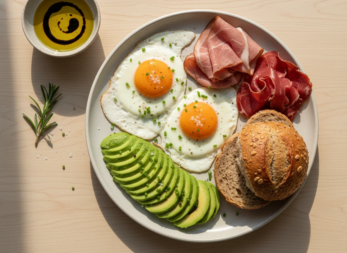 Breakfast Plate with Eggs, Avocado, Bread, and Cured Meats photo