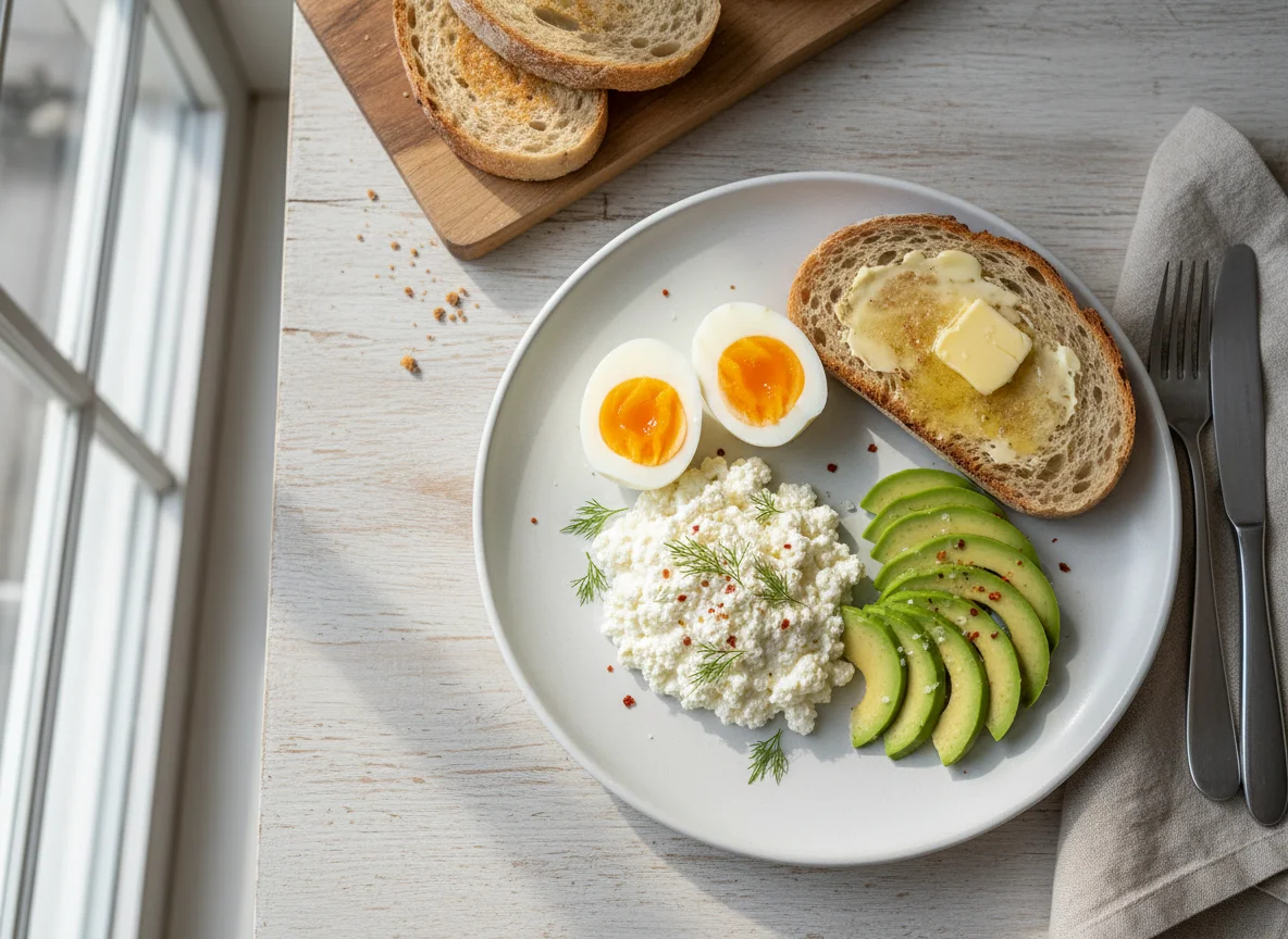 Breakfast plate with eggs, avocado, cottage cheese, and toast photo