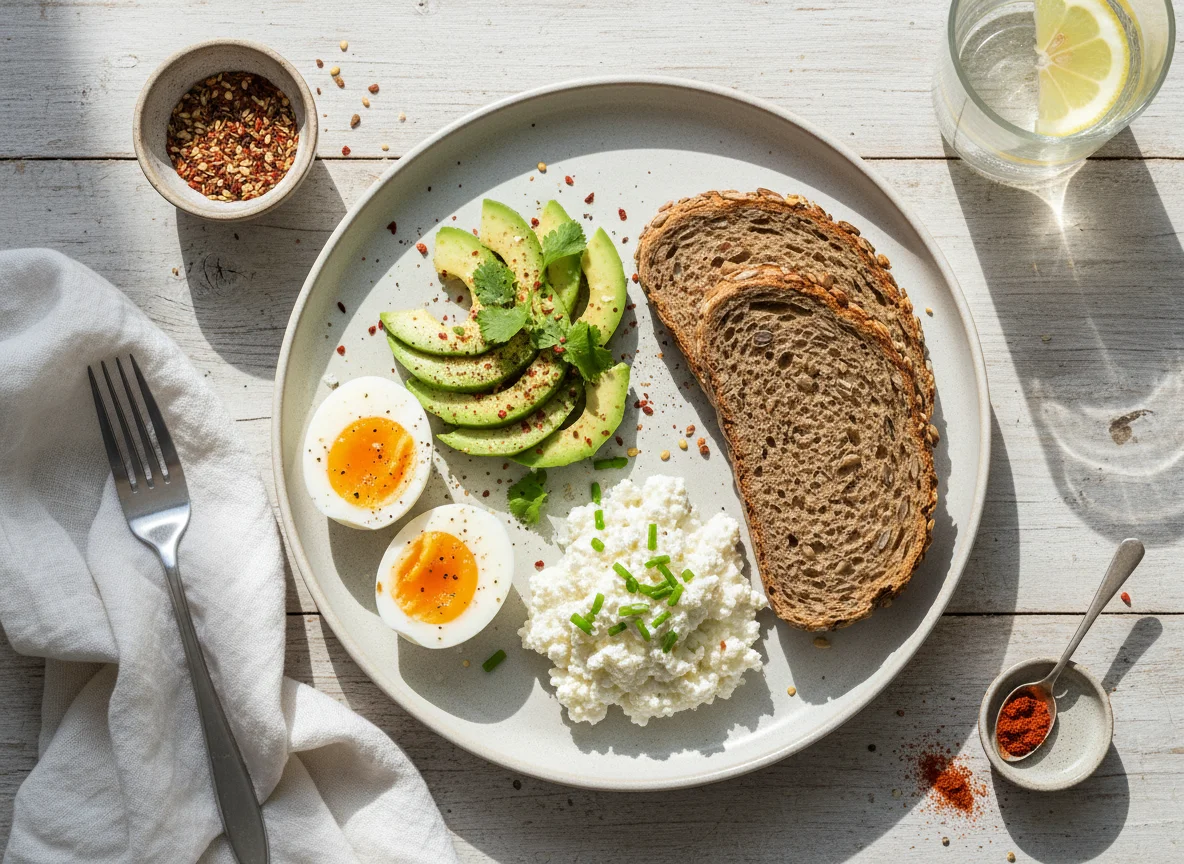 Breakfast plate with eggs, avocado, cottage cheese, and rye bread photo