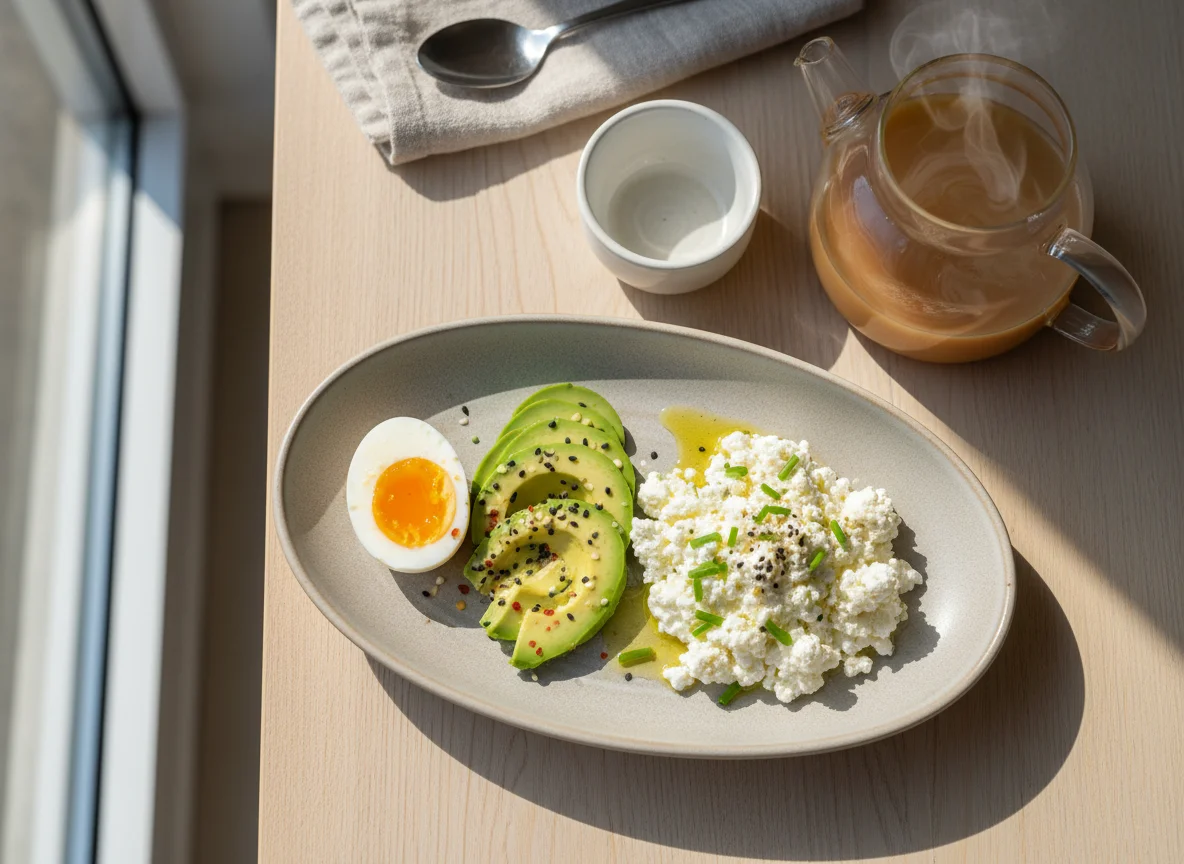 Breakfast Plate with Eggs, Avocado, Cottage Cheese and Tea photo