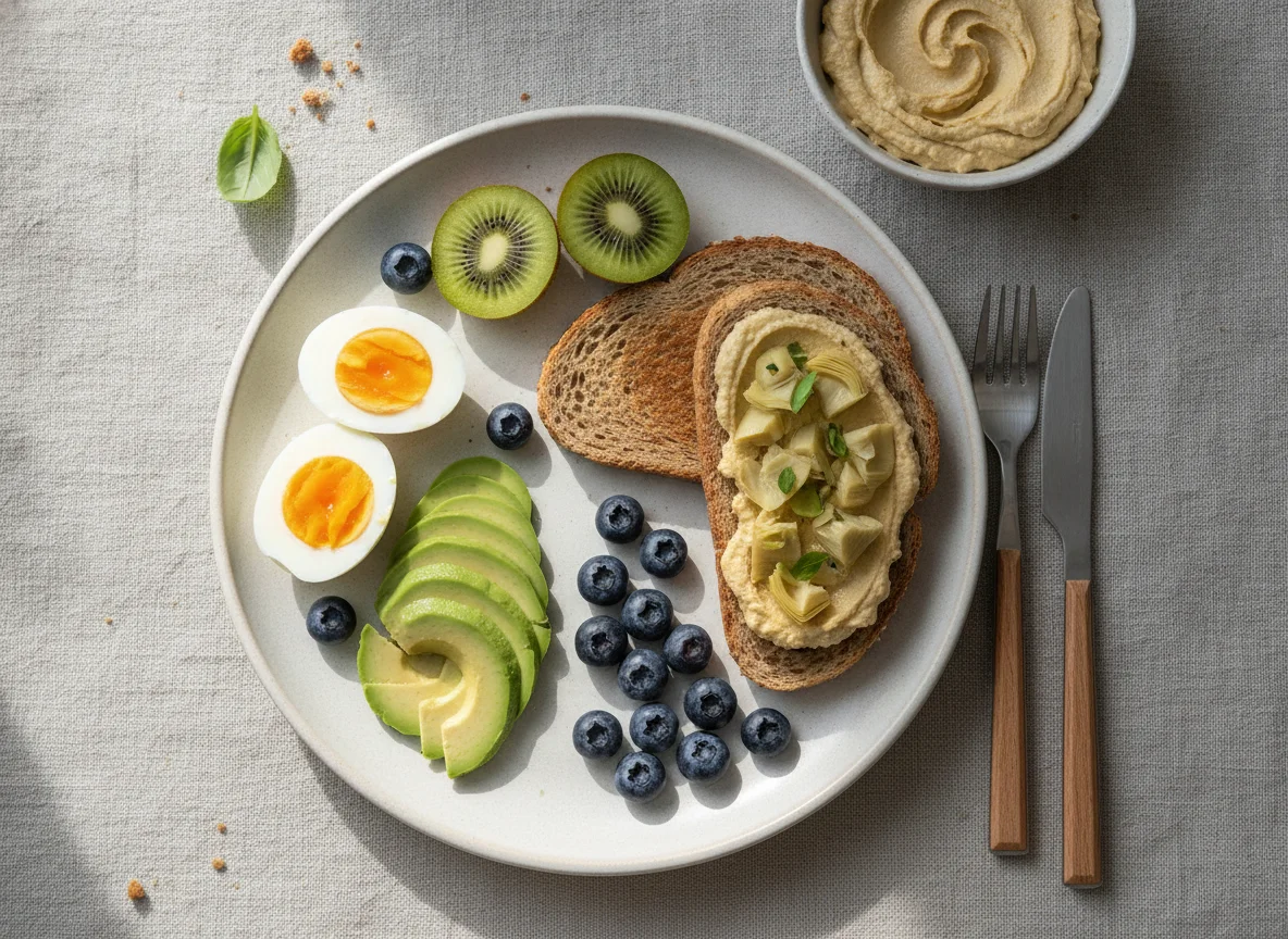 Breakfast plate with eggs, avocado, fruit, and toast photo