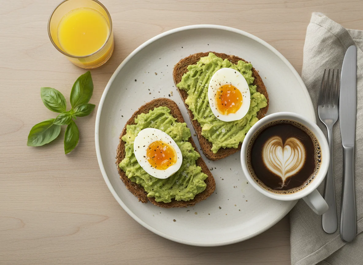 Breakfast Plate with Eggs, Avocado Toast, and Coffee photo