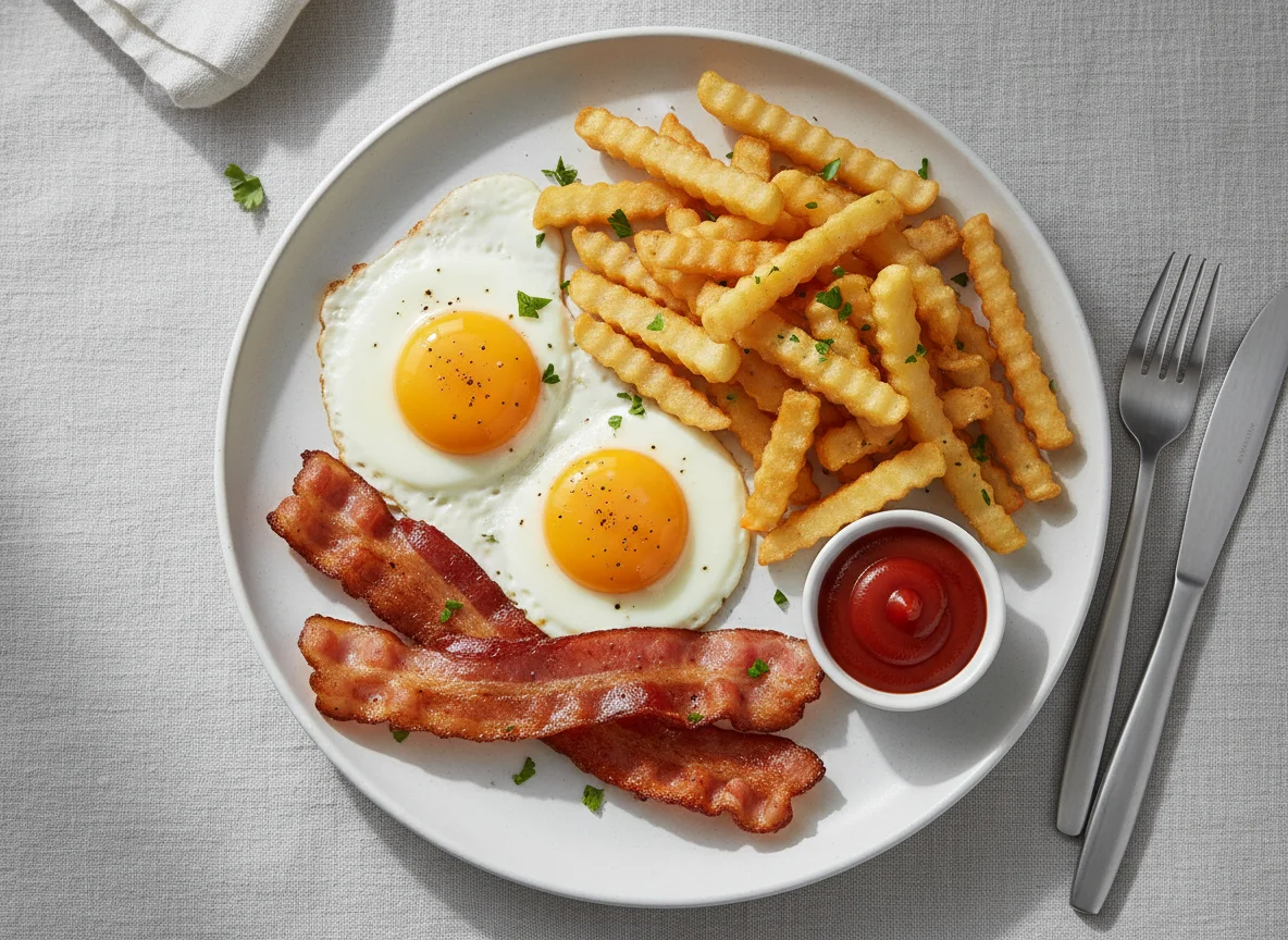 Breakfast Plate with Eggs, Bacon and Chips photo