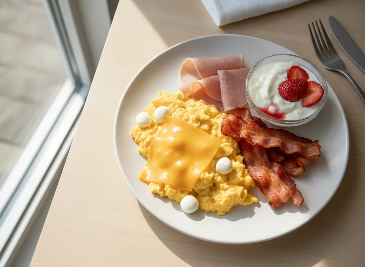 Breakfast plate with eggs, bacon, and fruit photo