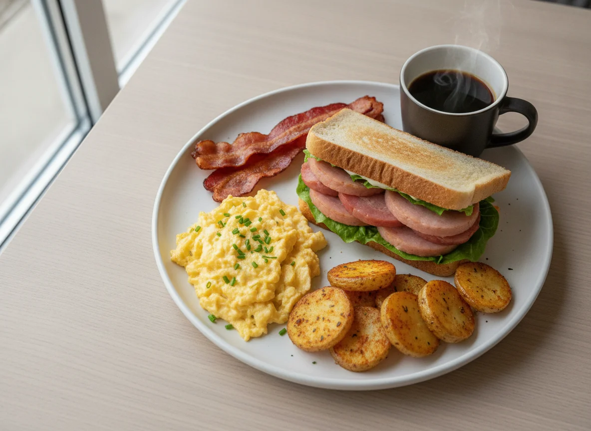 Breakfast plate with eggs, bacon, and ham sandwich photo