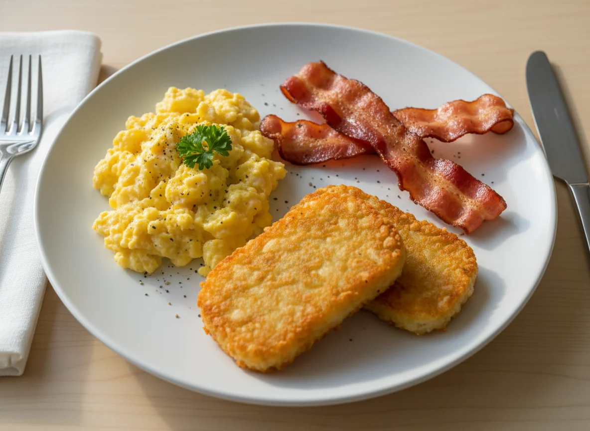 Breakfast Plate with Eggs, Bacon, and Hash Browns photo
