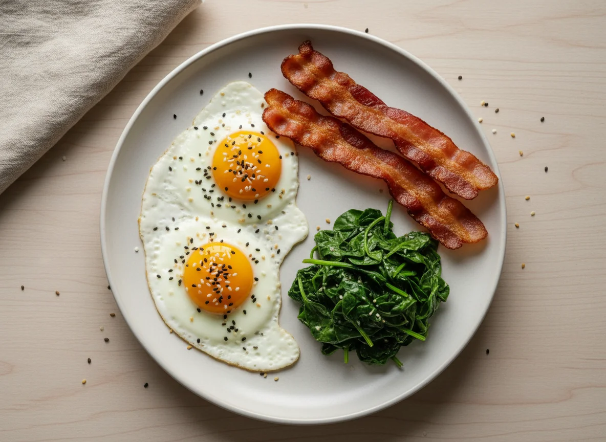 Breakfast Plate with Eggs, Bacon, and Spinach photo