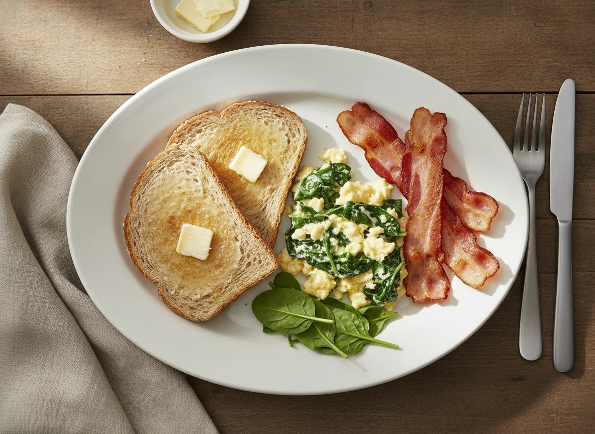 Breakfast plate with eggs, bacon, and toast photo