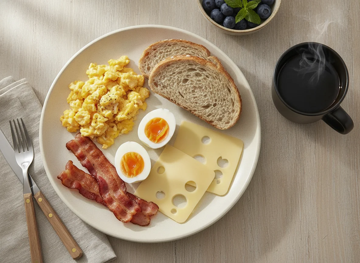 Breakfast plate with eggs, bacon, cheese, and bread photo
