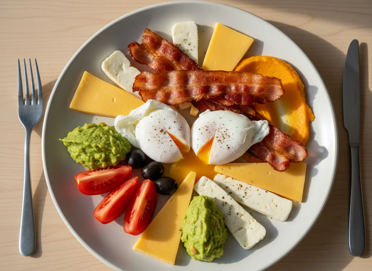 Breakfast plate with eggs, bacon, cheese, and vegetables photo