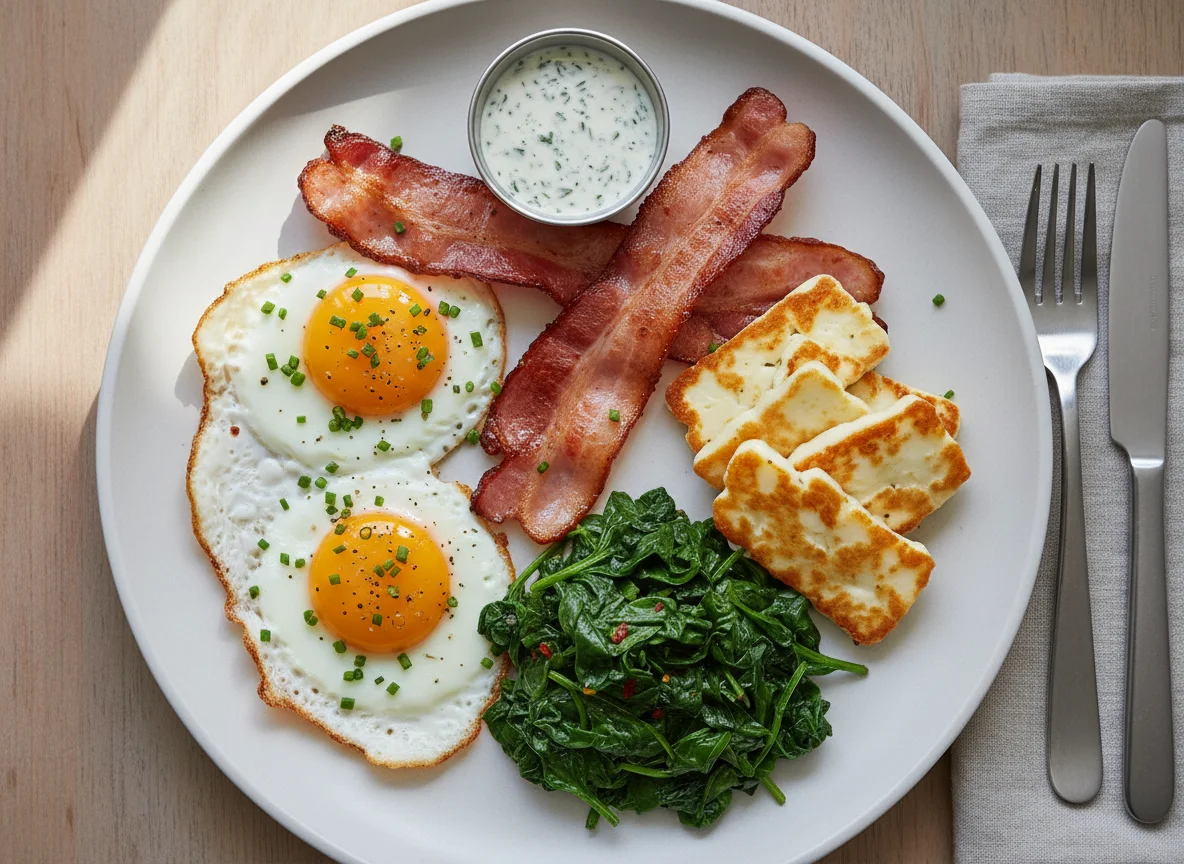 Breakfast Plate with Eggs, Bacon, Halloumi, and Spinach photo