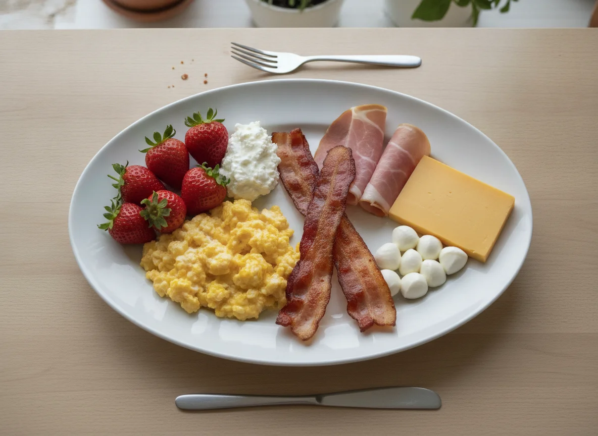 Breakfast plate with eggs, bacon, ham, cheese, and strawberries photo
