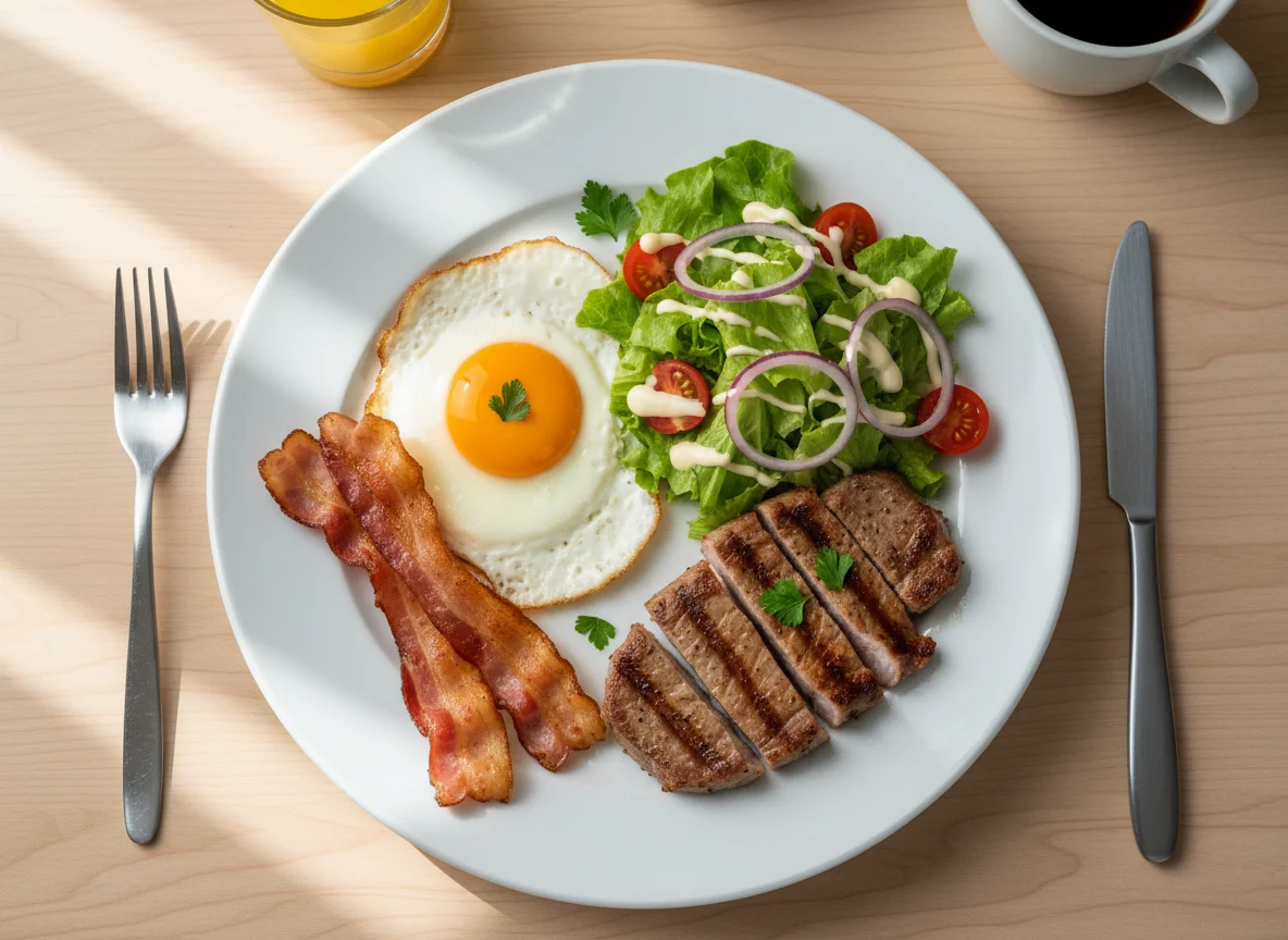 Breakfast Plate with Eggs, Bacon, Steak and Salad photo