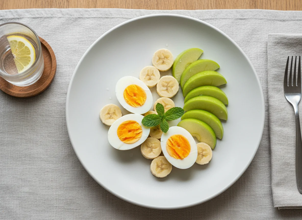 Breakfast plate with eggs, banana, and apple photo