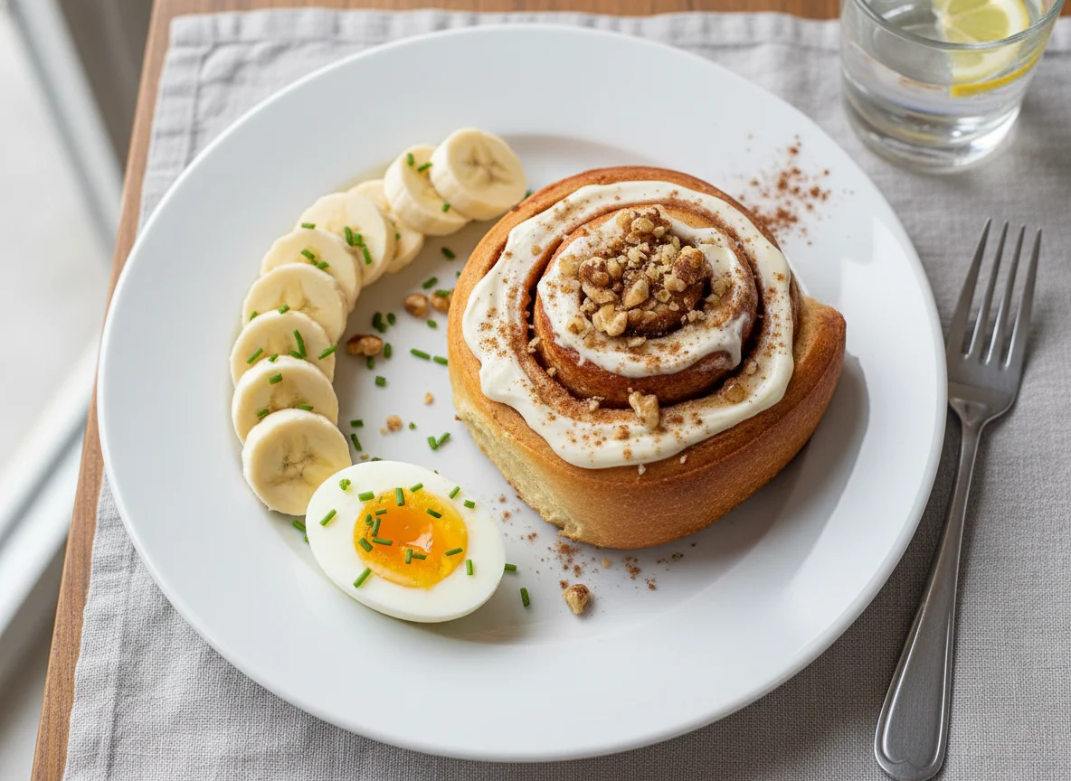 Breakfast plate with eggs, banana, and cinnamon roll photo