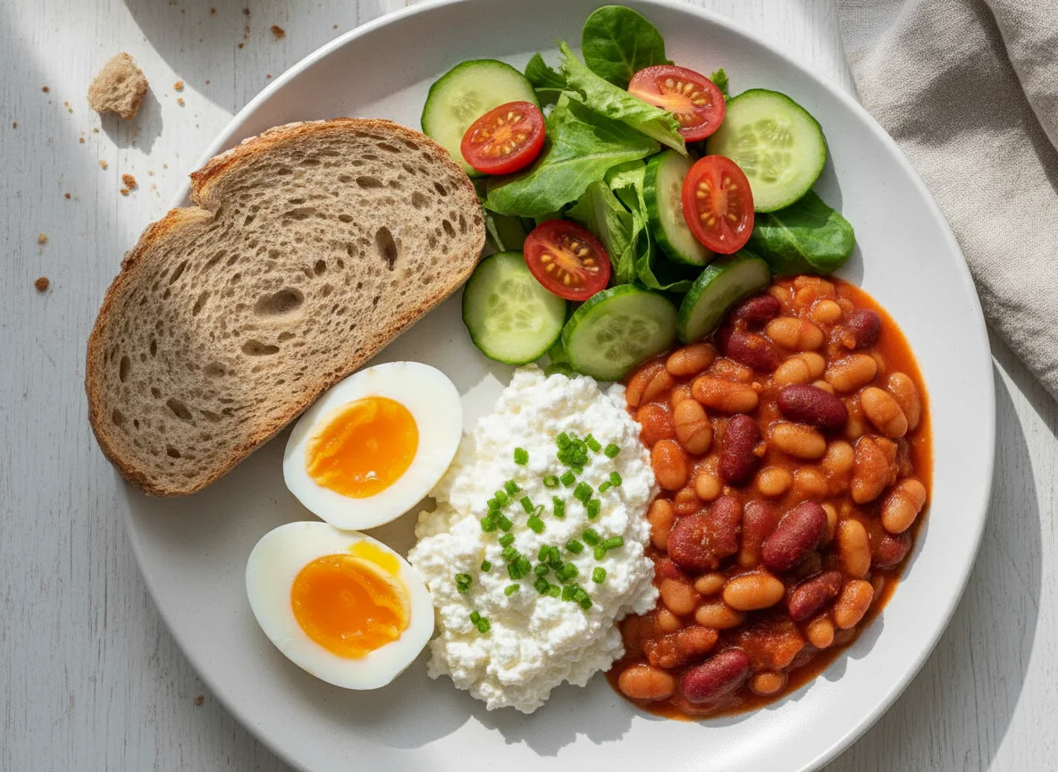 Breakfast plate with eggs, beans, and cottage cheese photo