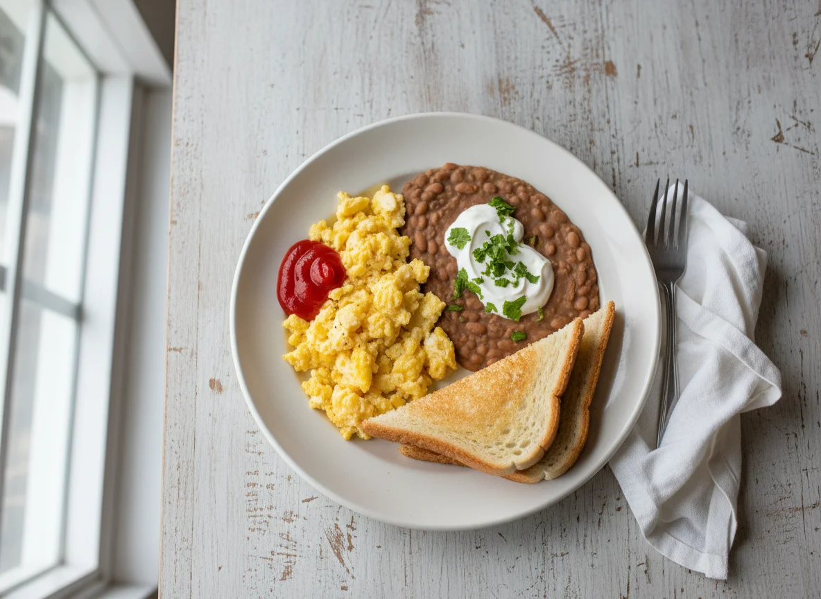 Breakfast Plate with Eggs, Beans, and Toast photo