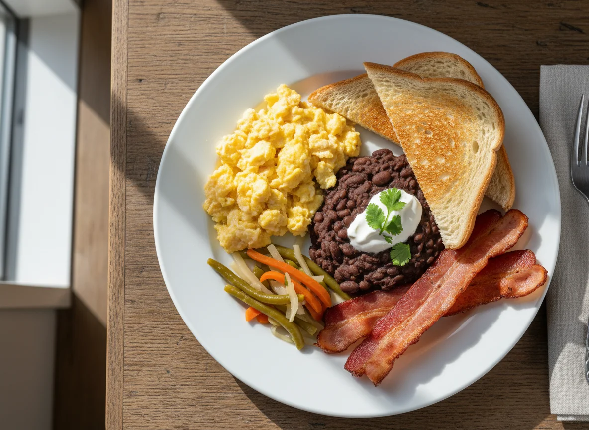 Breakfast Plate with Eggs, Beans, Bacon, and Toast photo