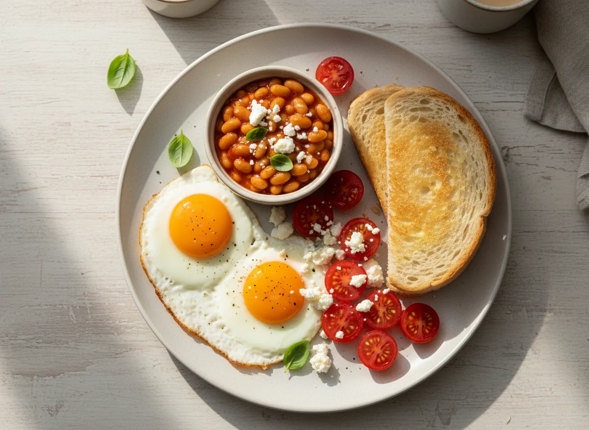 Breakfast plate with eggs, beans on toast, tomatoes, and cheese photo