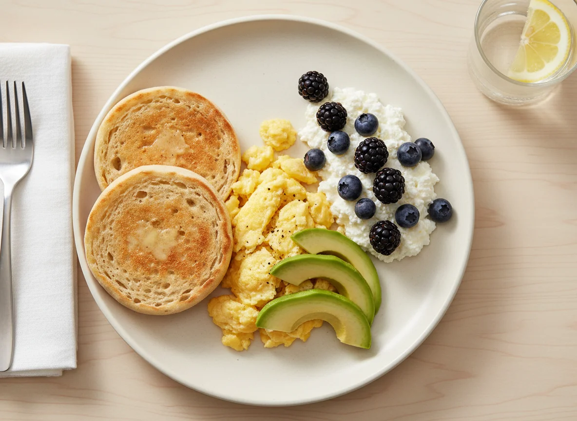 Breakfast Plate with Eggs, Berries, and Cottage Cheese photo