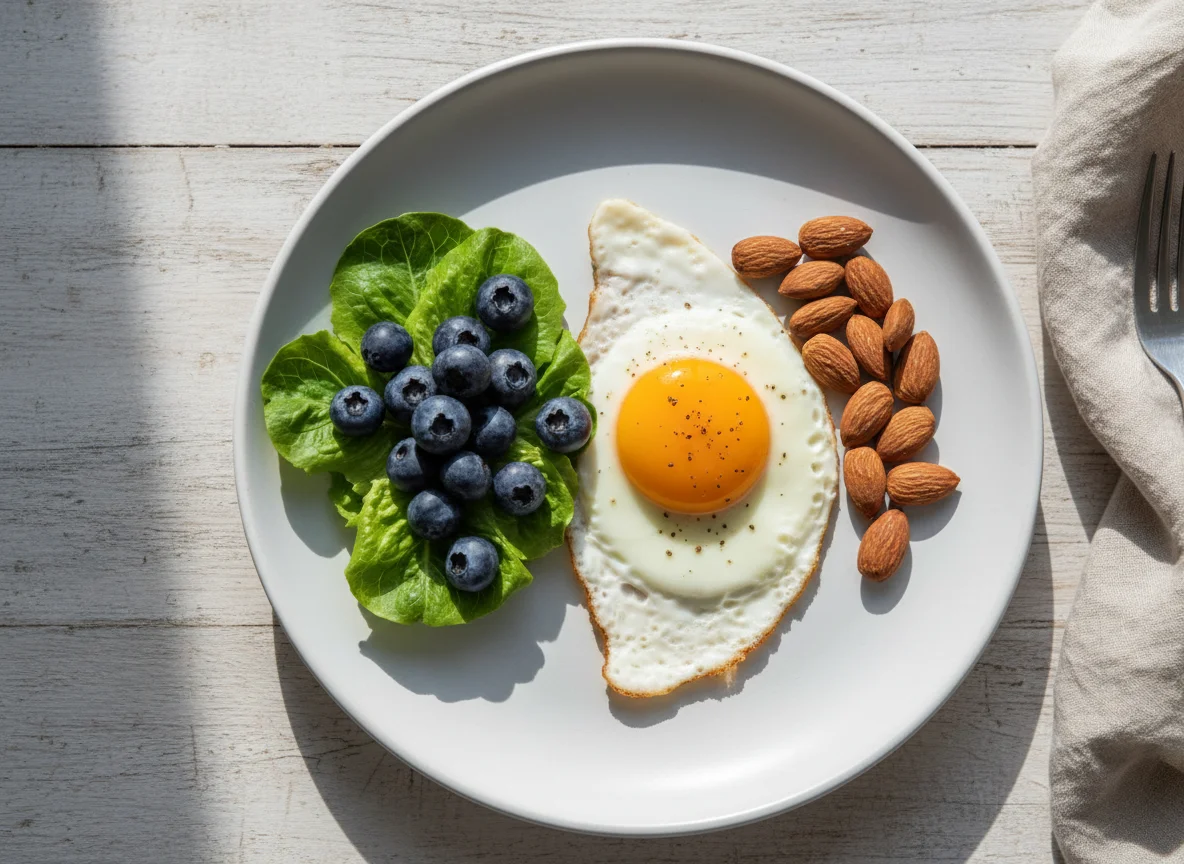 Breakfast Plate with Eggs, Berries, Nuts, and Lettuce photo