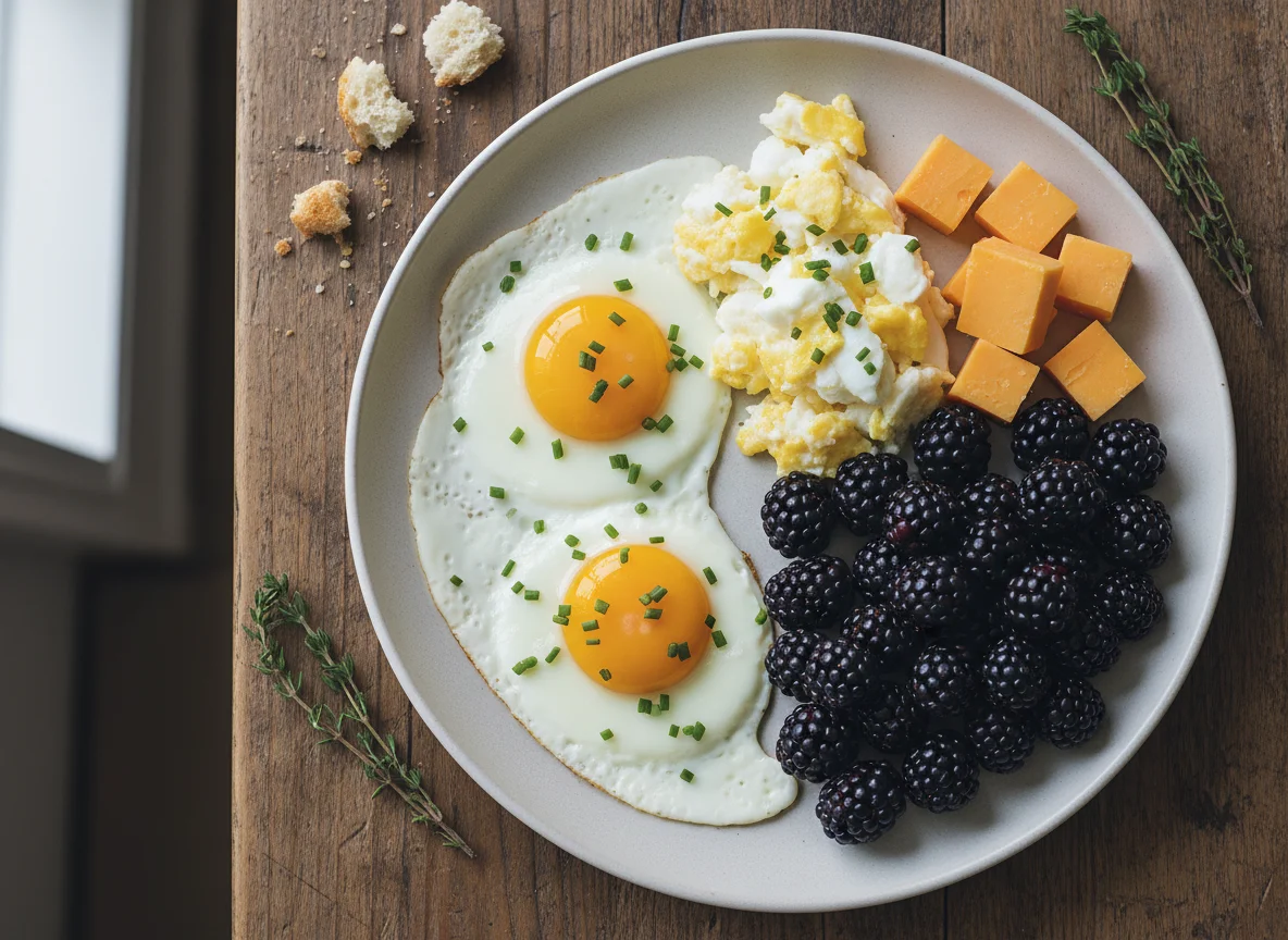 Breakfast Plate with Eggs, Blackberries, and Cheese photo