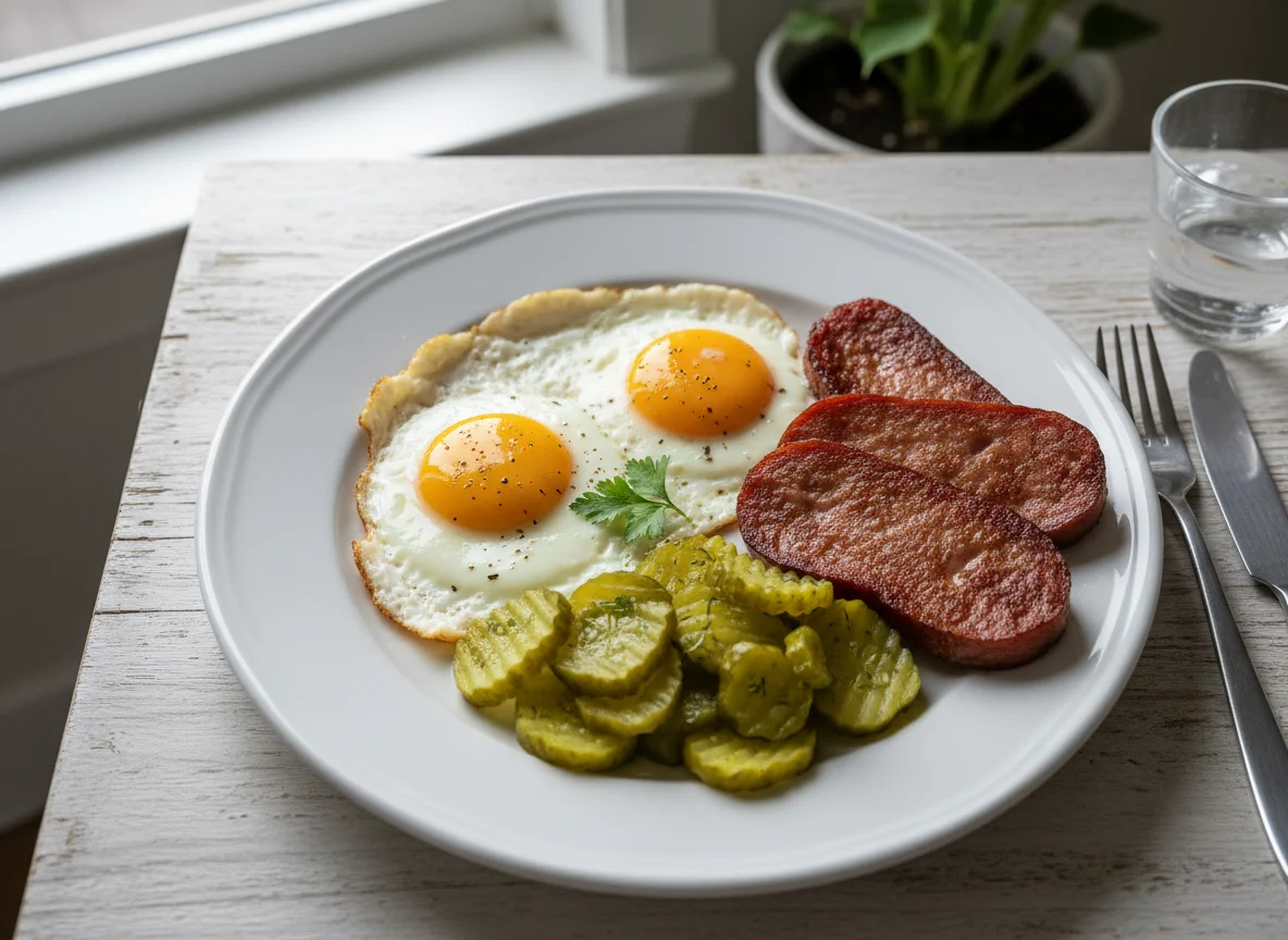 Breakfast Plate with Eggs, Bologna, and Pickles photo