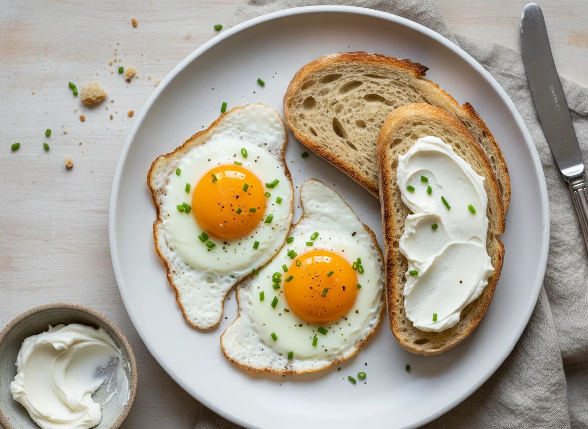 Breakfast Plate with Eggs, Bread, and Cream Cheese photo