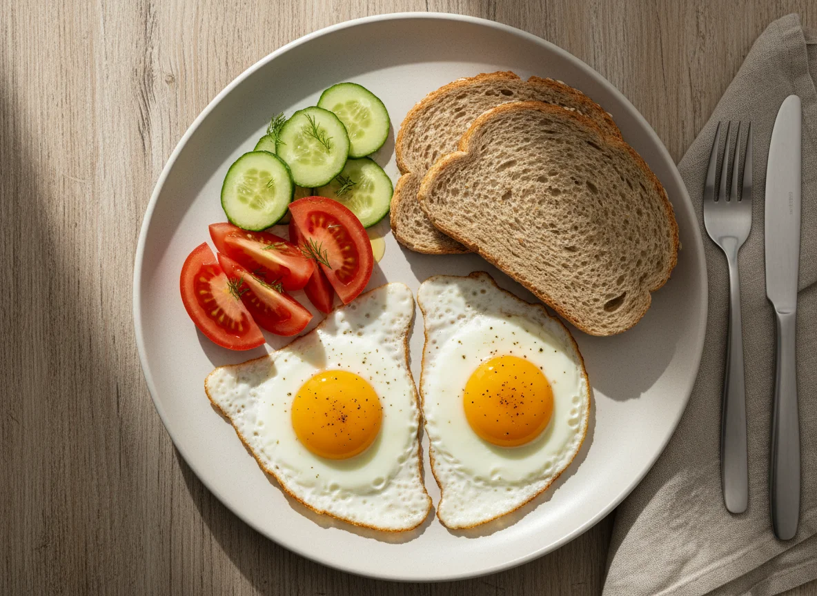 Breakfast plate with eggs, bread, and salad photo