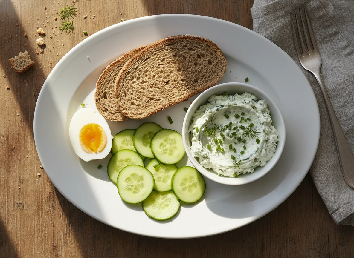 Breakfast plate with eggs, bread, cheese, and cucumber photo