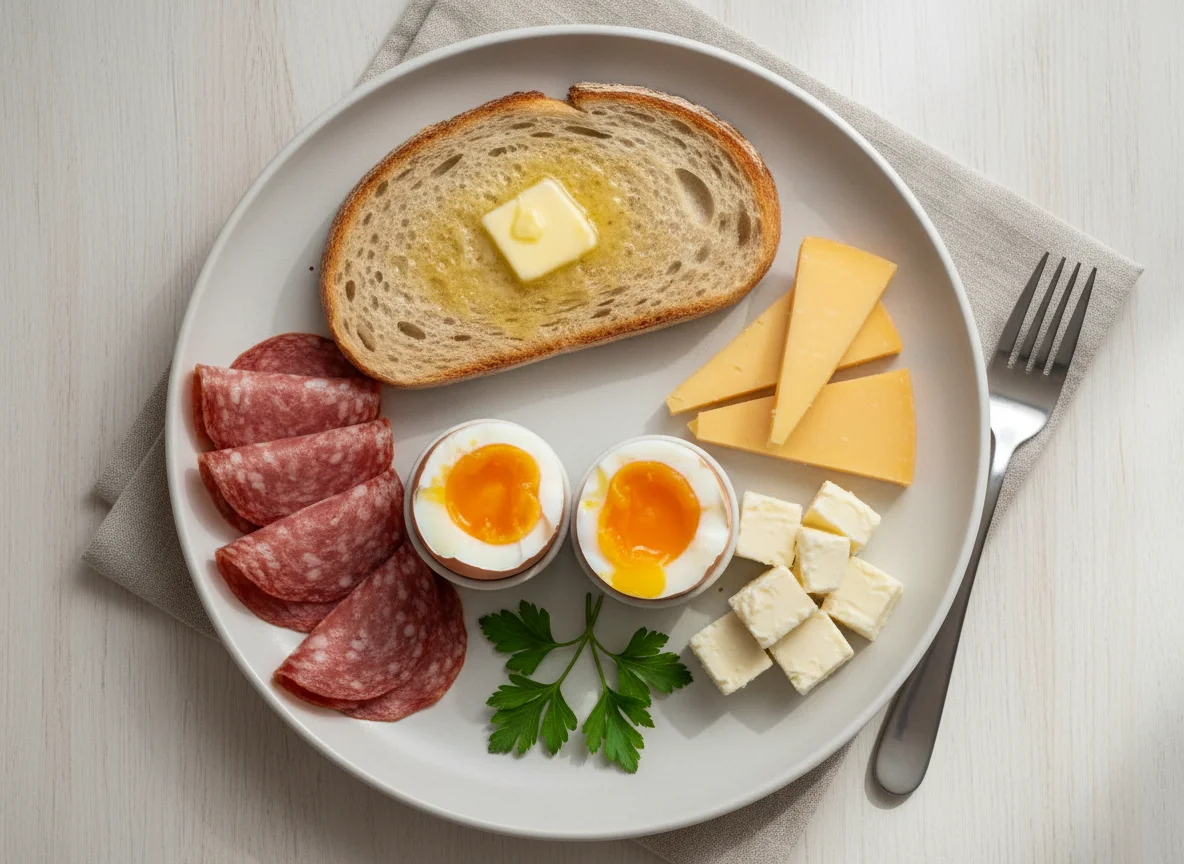 Breakfast plate with eggs, bread, cheese, and salami photo