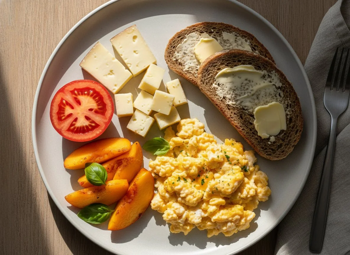 Breakfast plate with eggs, bread, cheese, tomato, and peaches photo