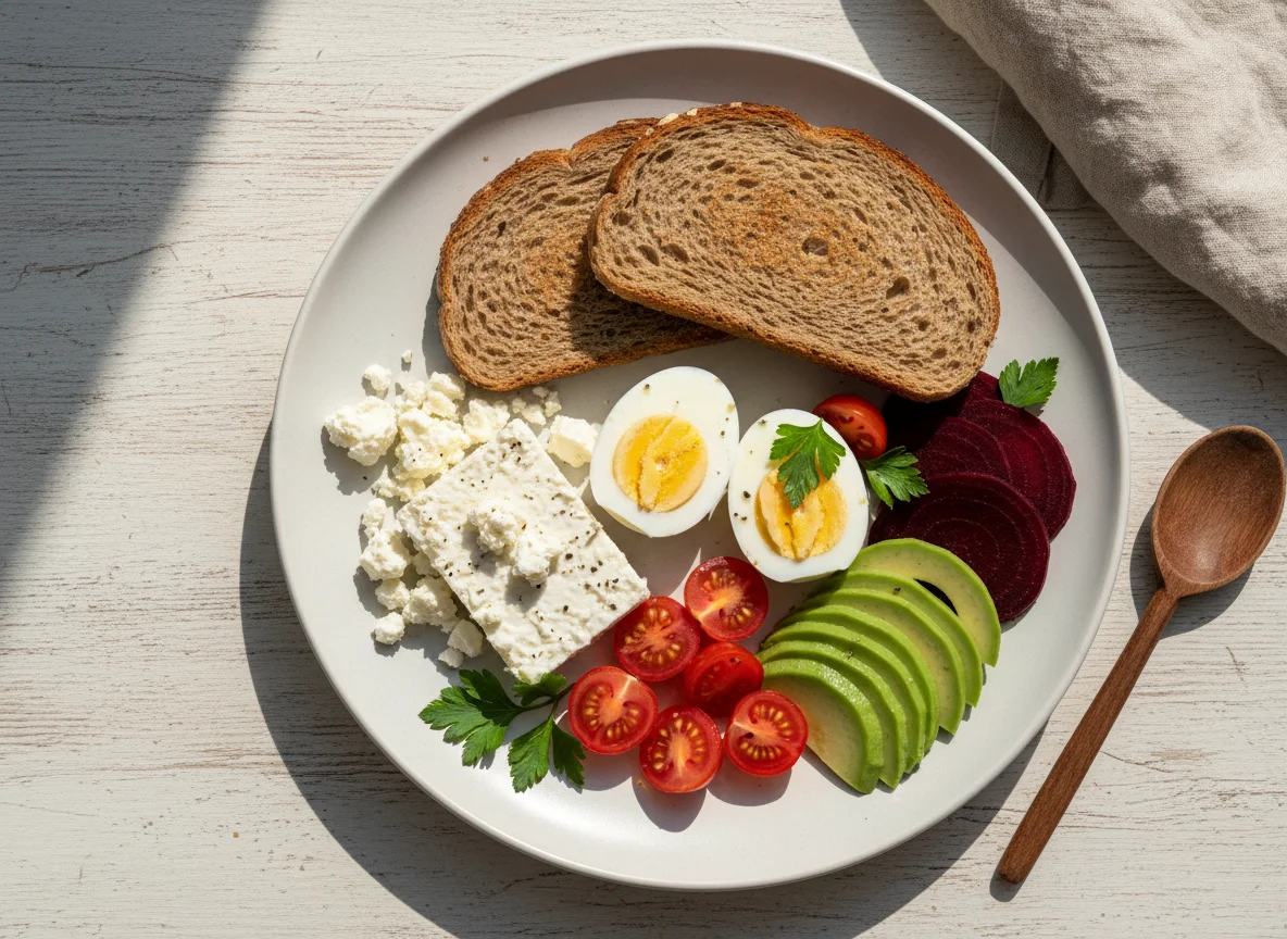 Breakfast plate with eggs, bread, cheese, vegetables photo