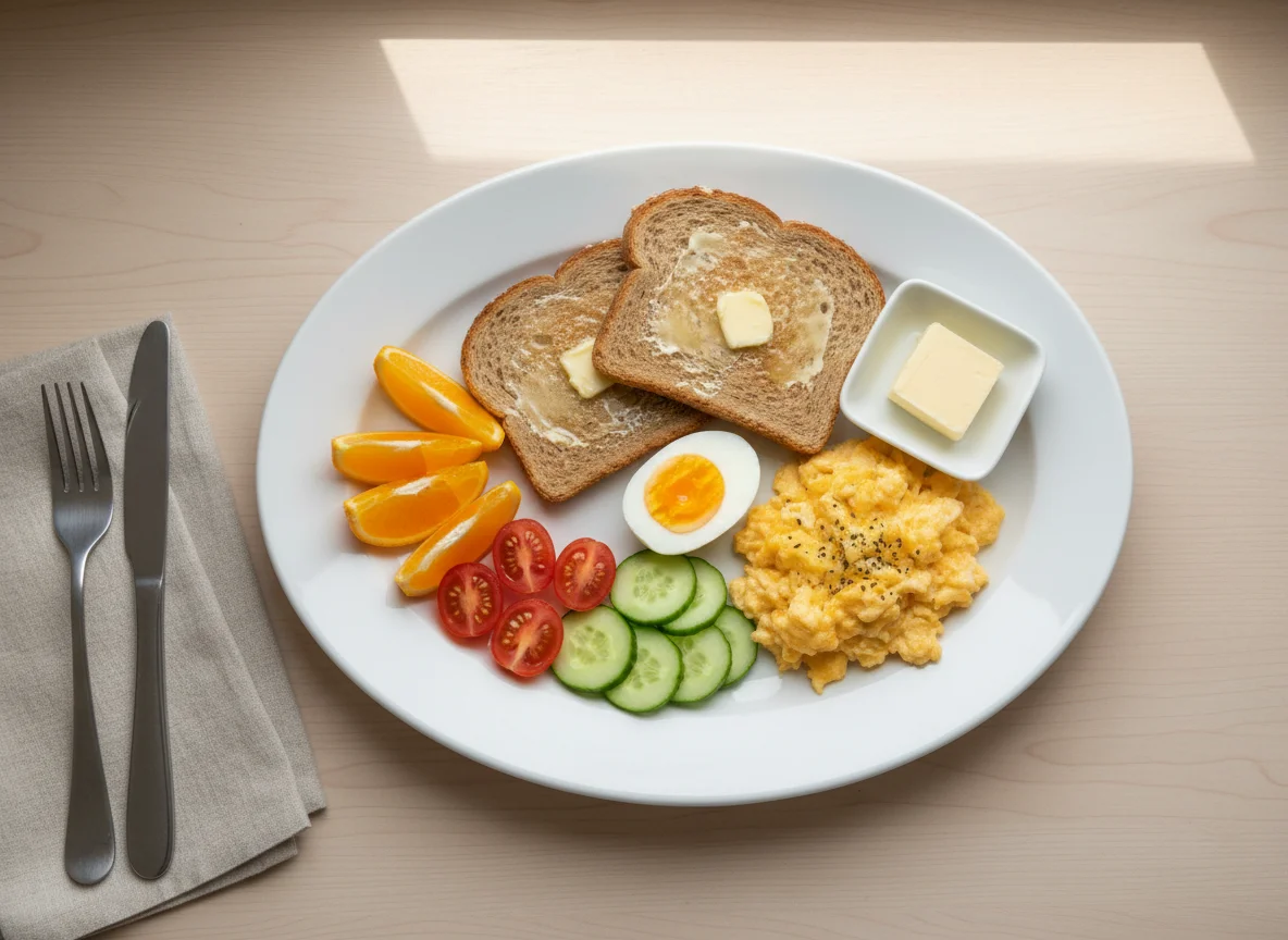 Breakfast plate with eggs, bread, fruit, and vegetables photo