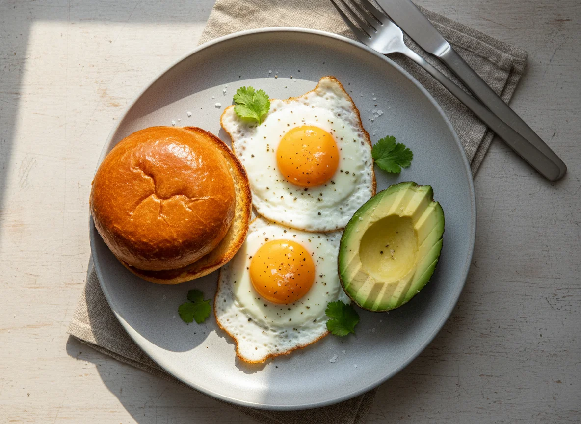 Breakfast plate with eggs, bun, and avocado photo