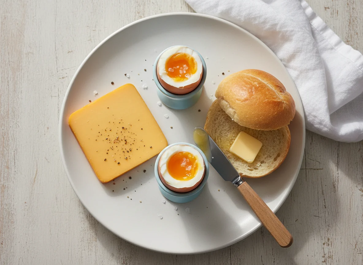 Breakfast Plate with Eggs, Cheese, and Bread photo